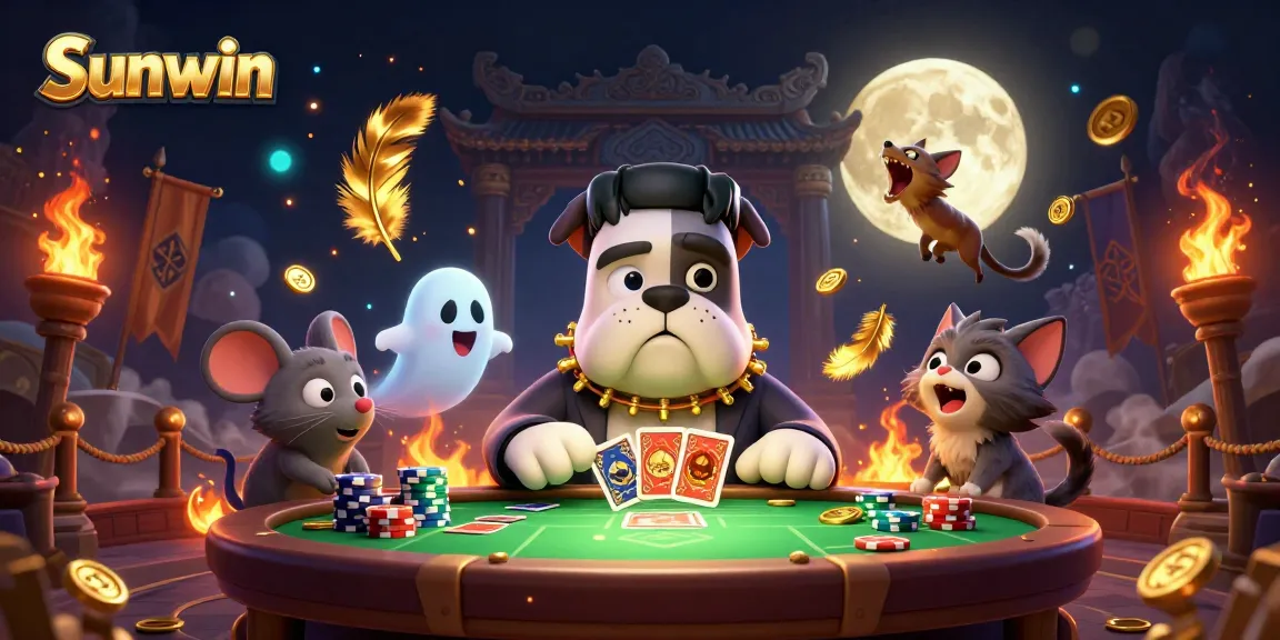 Sunwin engages players with a vibrant 3D illustration of a dog dealing cards and a spooky gaming scene.