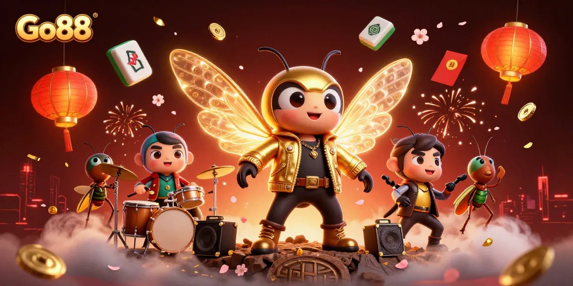Experience the dynamic energy at Go88 with a cartoon rock star and vibrant casino elements.