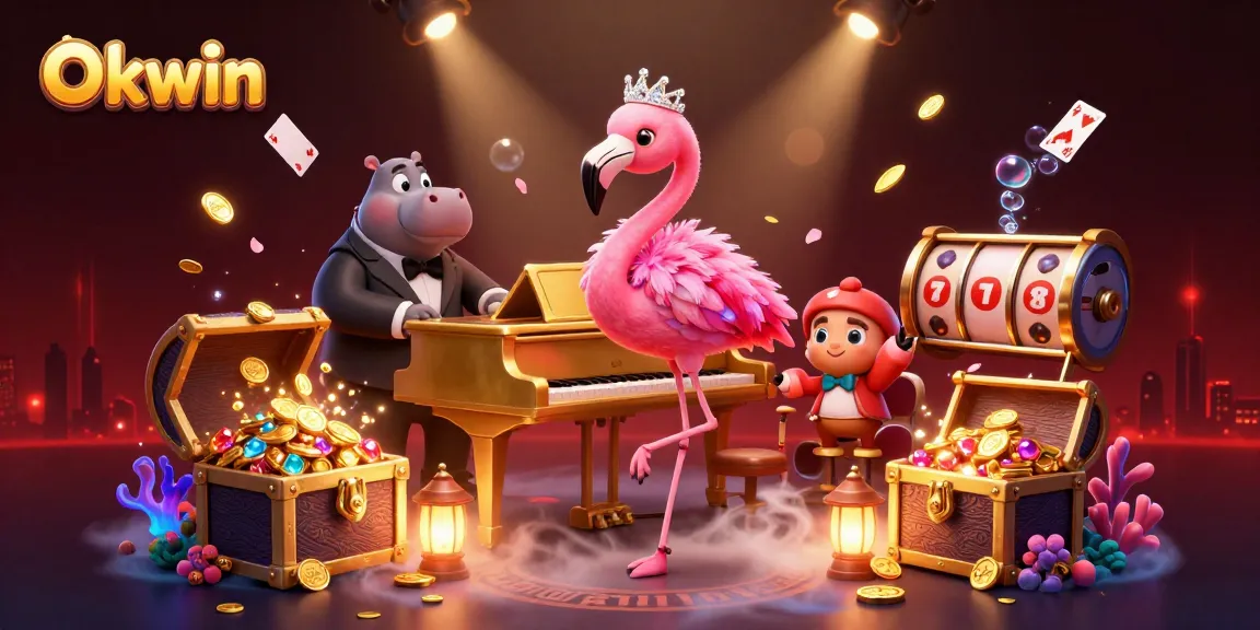Experience Okwin's vibrant casino atmosphere with flamboyant characters and dazzling game elements.