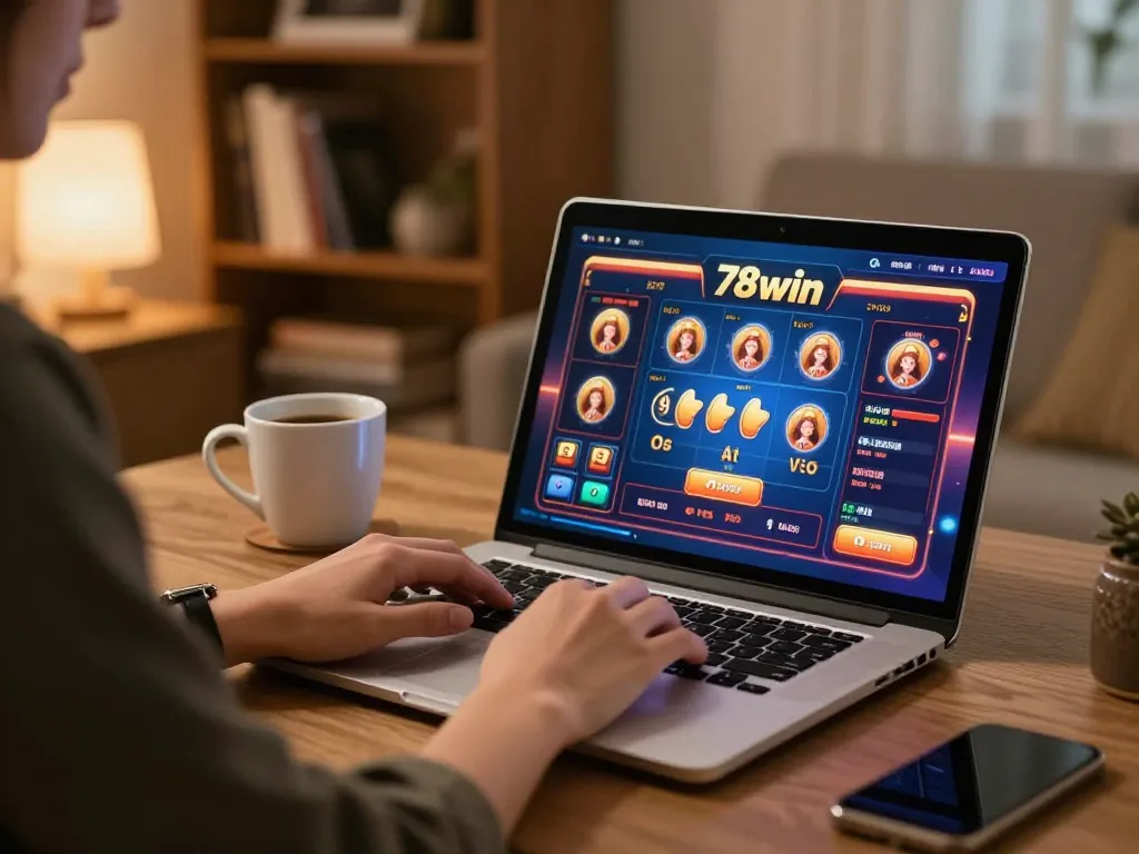 Gamble online with 78win at home, a player engaged with vibrant casino games on a laptop.