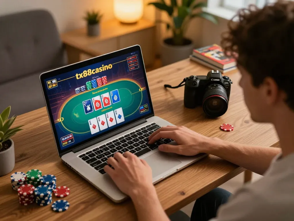 Player engaging in strategic poker gameplay on tx88casino in a cozy home environment.