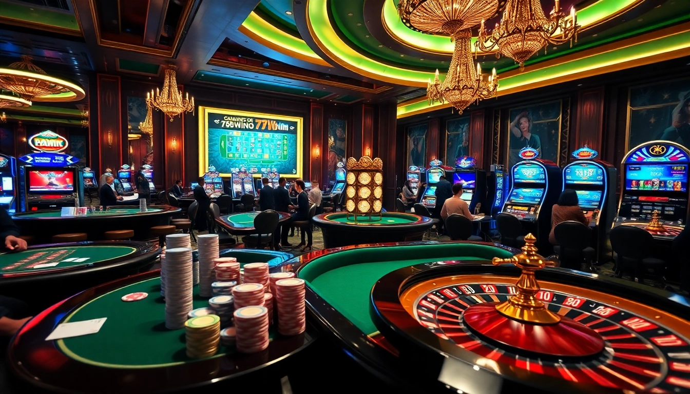 Exciting view of online gambling with Nhà cái 78Win, showcasing poker chips, casino tables, and roulette wheels.
