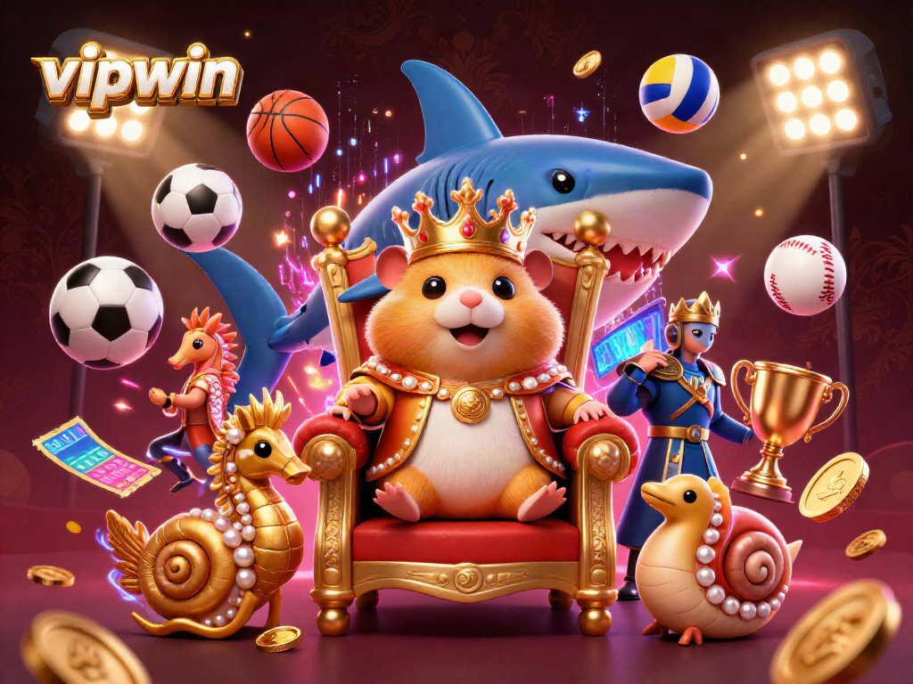 Experience vipwin's thrilling gaming with a vibrant 3D scene featuring a golden hamster king, sports balls, and dynamic bet slips.