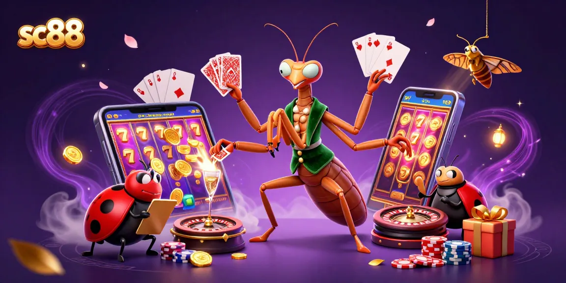 sc88 captures a dynamic scene of a giant mantis dealer and a ladybug pit boss amidst vibrant casino elements