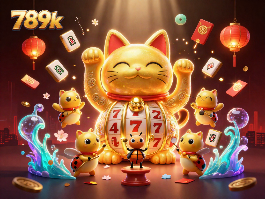 Engage with the vibrant casino world of 789k featuring a dynamic lucky cat and lively symbols.