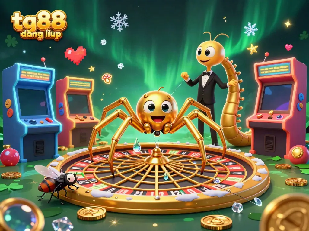 Engage in the world of gambling with tg88 đăng nhập, where a golden spider weaves a roulette-themed web.