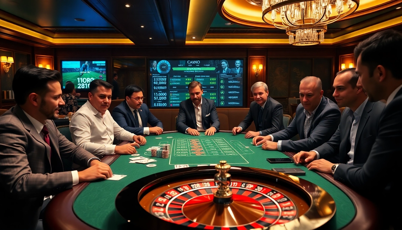 Men enjoying a vibrant casino atmosphere in a professional man club setting, engaging in gaming activities.