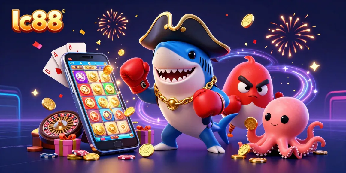 lc88's vibrant casino adventure with a cartoon pirate shark, pufferfish, and octopus amidst thrilling gaming elements.