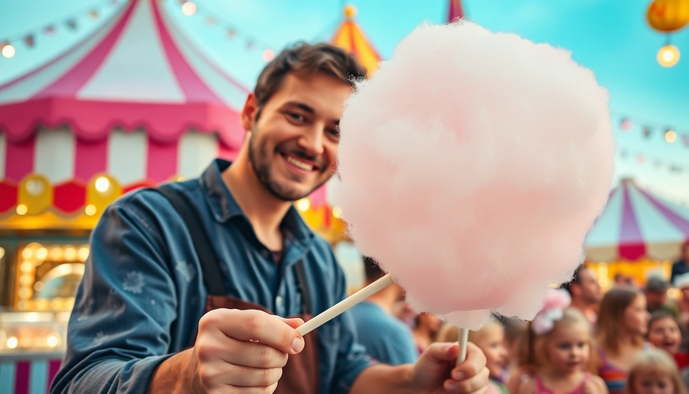 Geniet van goedkope wafelkatoen van een vrolijke kraam op een kermis, met kleurrijke opstellingen en blije kinderen.