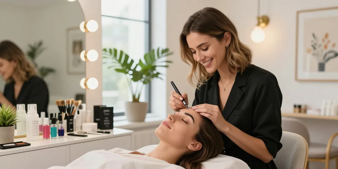 Permanente make-up wenkbrauwen applicatie in een helder beauty studio dat vrouwen versterkt met vakkundig aangebrachte wenkbrauwmake-up.