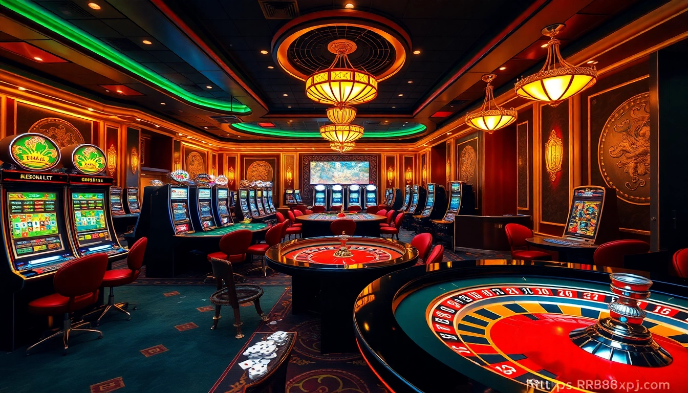 Interactive gaming experience at https://rr88xpj.com/ featuring casino tables and slot machines.