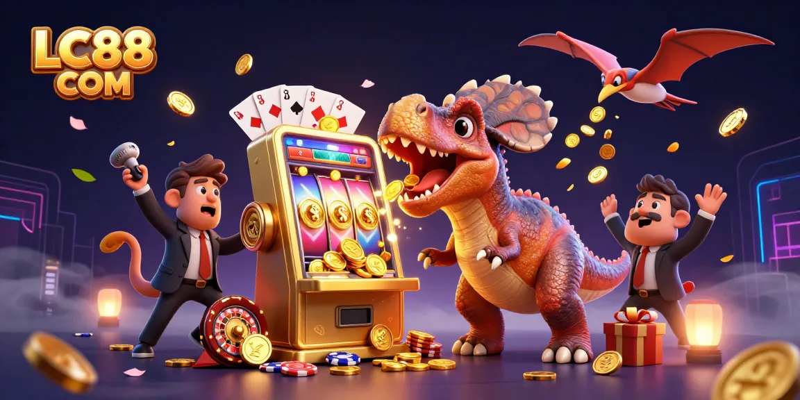 Experience thrilling jackpot wins at LC88 COM with a playful pachycephalosaurus and casino chaos!