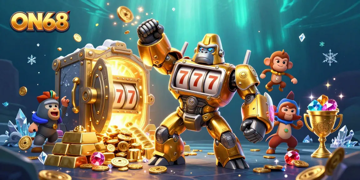 Experience ON68's gaming adventure with an epic golden gorilla mech amid treasures.