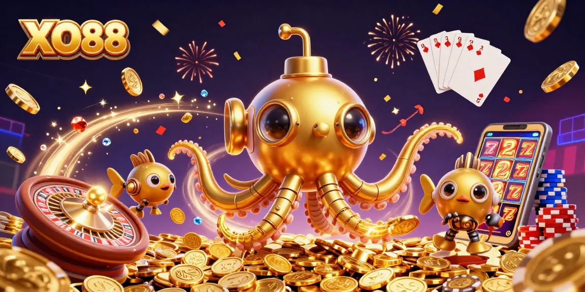 Experience dynamic gaming excitement at XO88 with 3D illustrations of casino games and treasures.