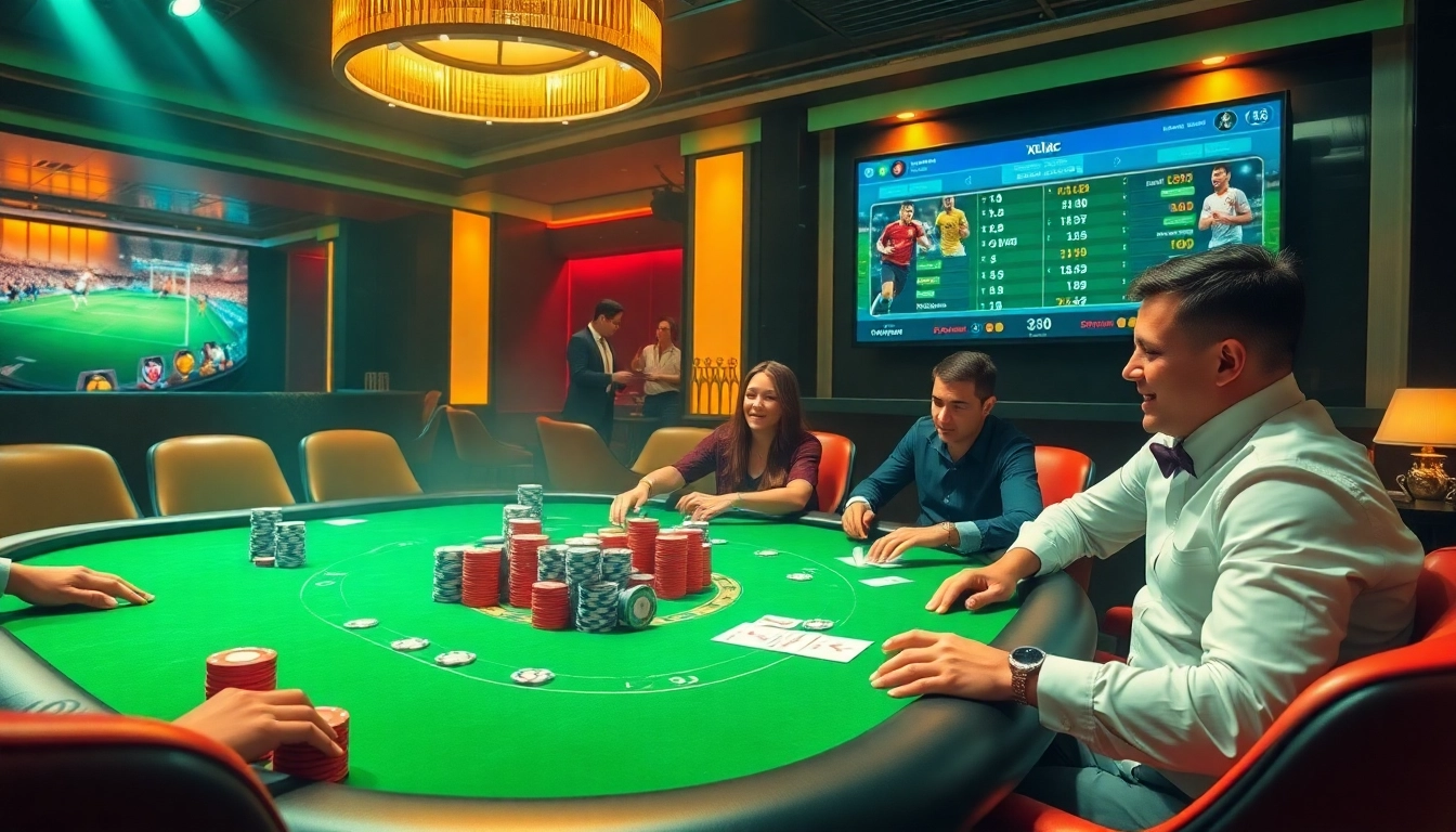 Xoilac TV trực tiếp bóng đá highlights thrilling moments at a vibrant casino poker table.