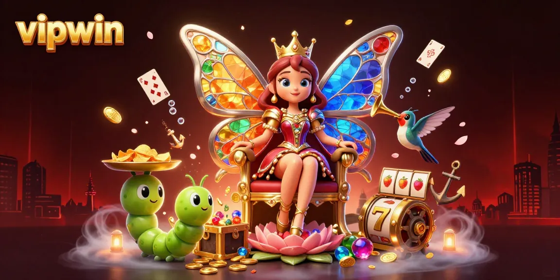 Engage with vipwin in a vibrant casino scene featuring a butterfly queen and dynamic game elements.