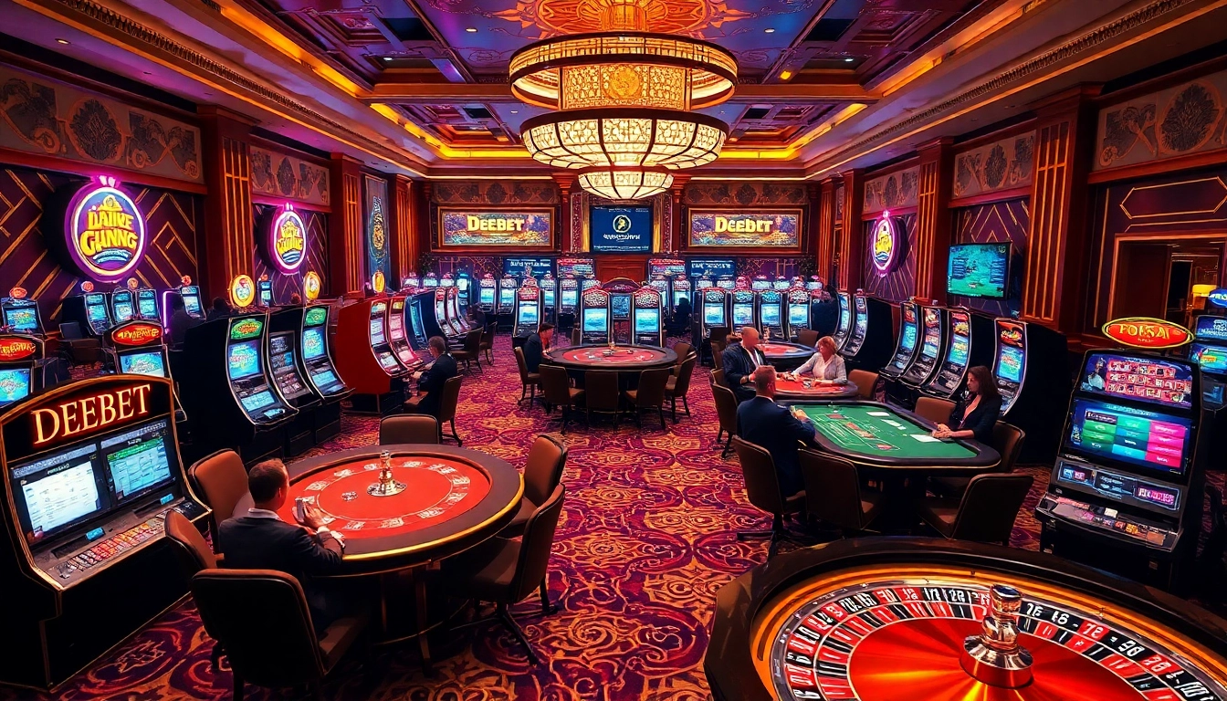Players engaging in thrilling games at DEBET casino, featuring slot machines and poker tables.