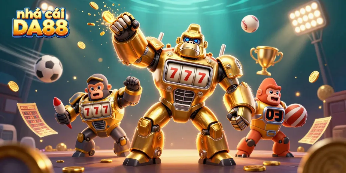 Experience the excitement of nhà cái DA88 through a dynamic 3D illustration of a golden gorilla mech and sports elements.