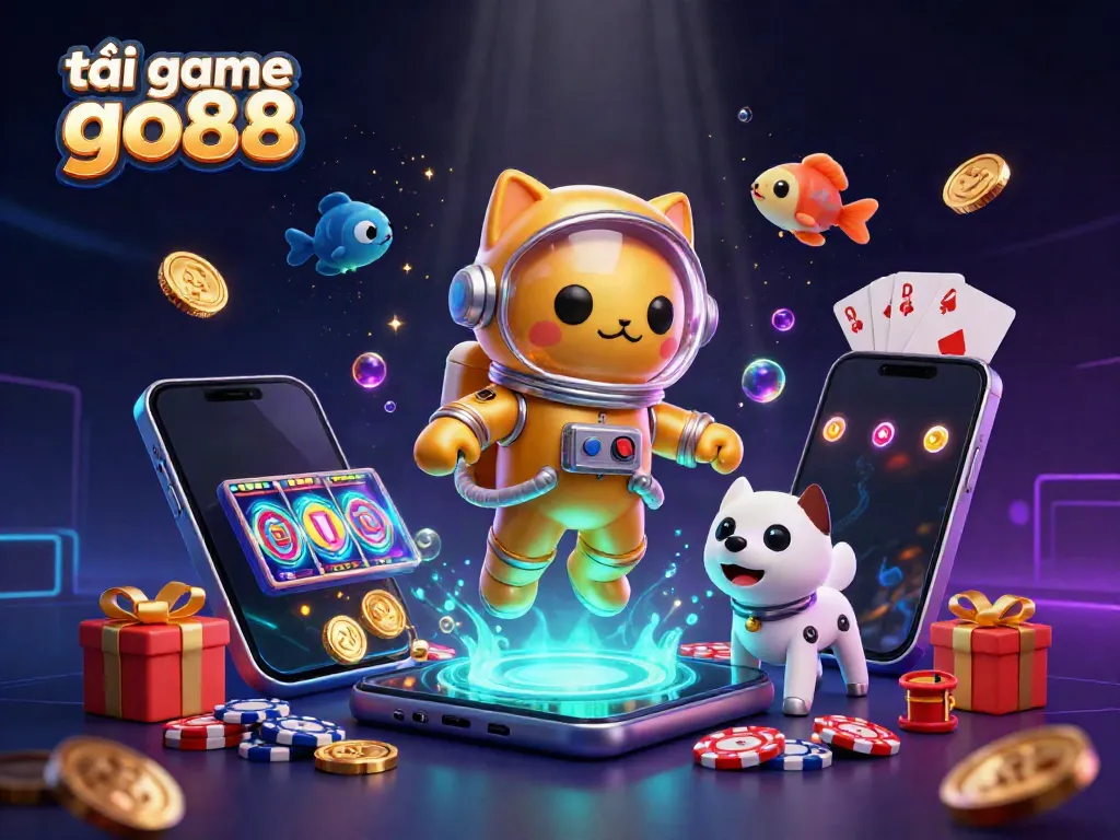 Tải game go88 amidst a vibrant 3D casino scene featuring a galactic astronaut cat and a robot dog.