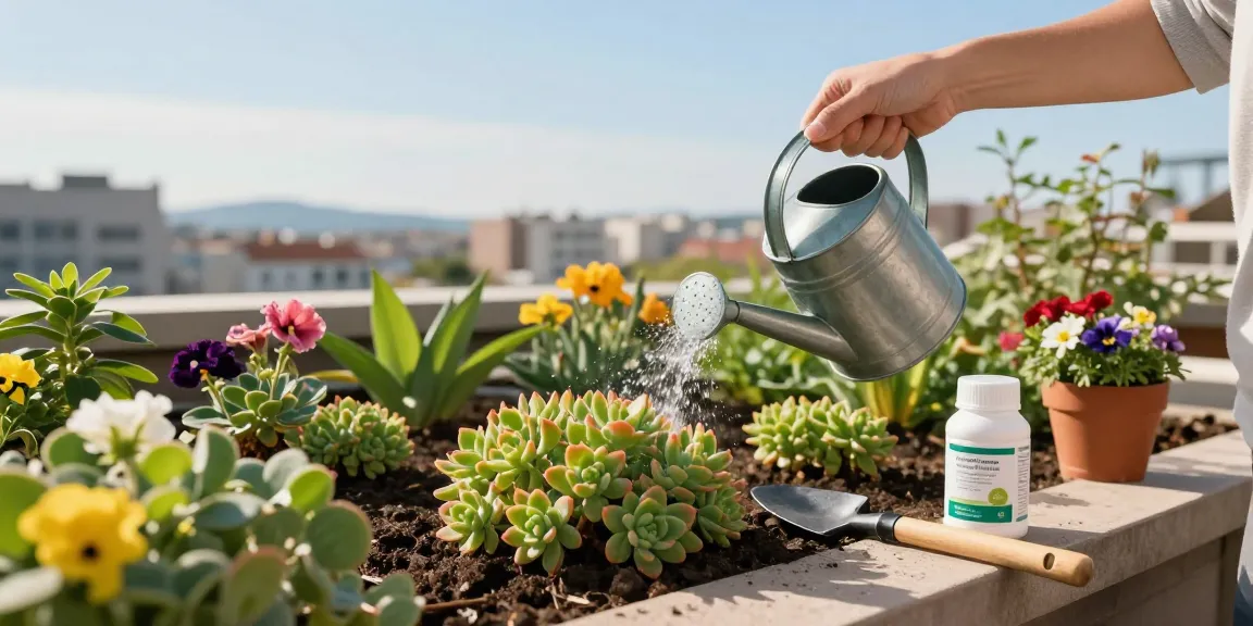 Persoon die sedumdak water geeft met een gieter, omringd door groene planten en een stadsachtergrond.