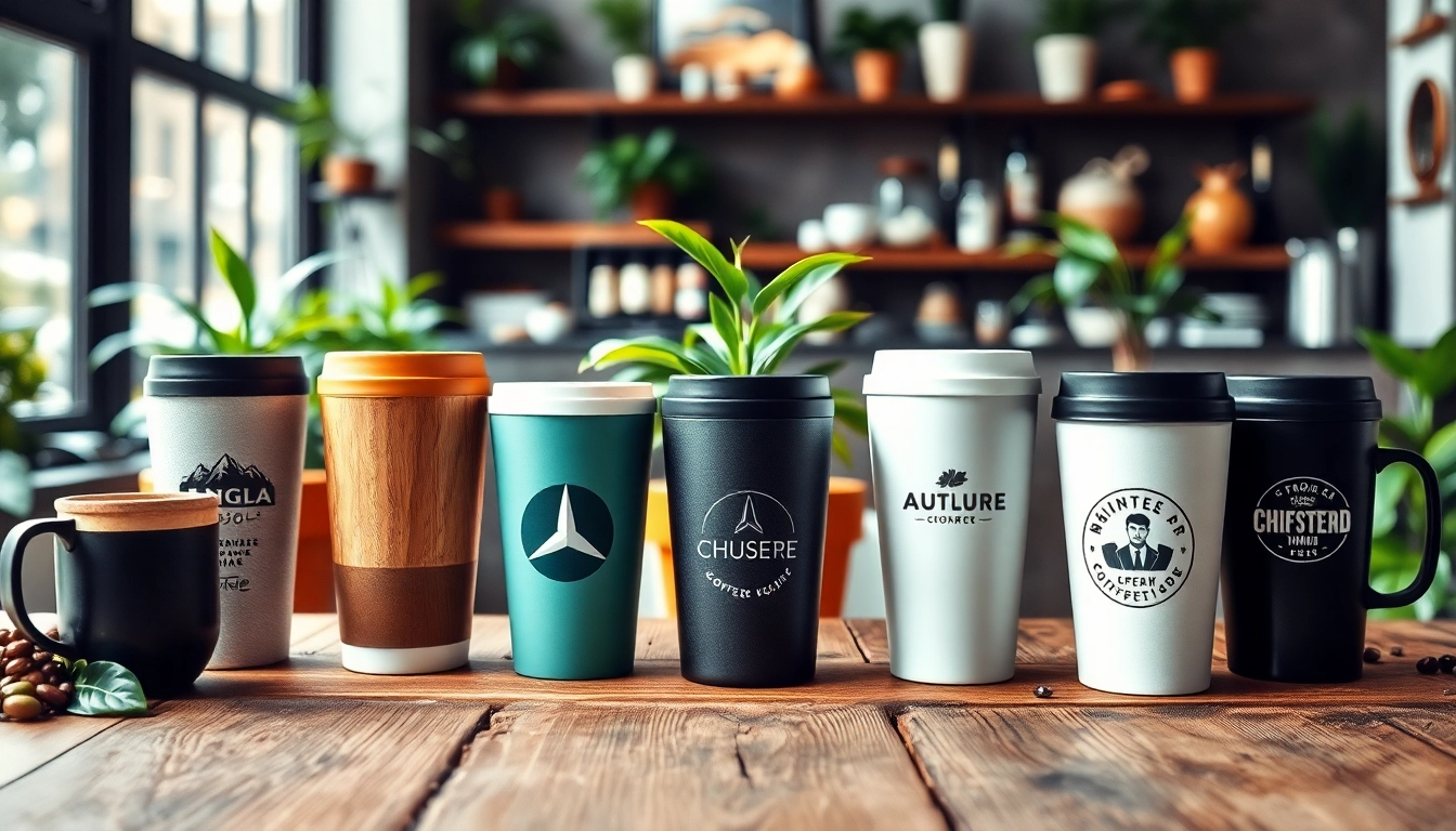 Koffie-to-Go beker bedrukken met unieke ontwerpen op een rustieke tafel, die duurzame materialen laat zien in een gezellige café-omgeving.