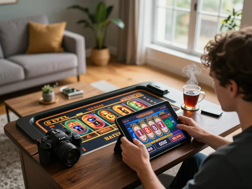 Engaging player enjoying slots at home using ALO8 online casino app, cozy atmosphere with bright screen.