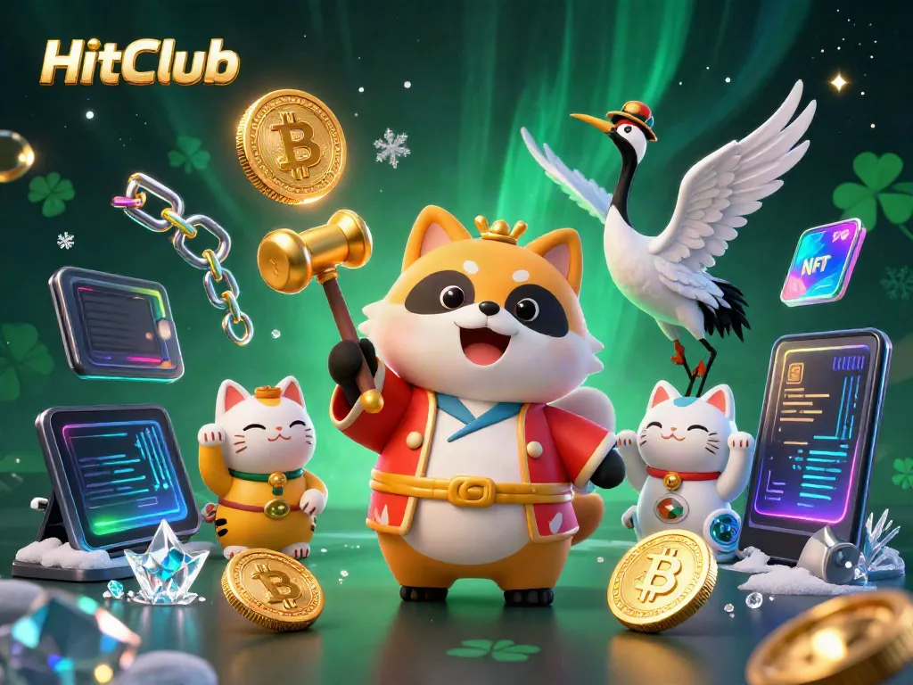 HitClub's cheerful tanuki character and samurai crane herald a vibrant online casino experience filled with crypto excitement.