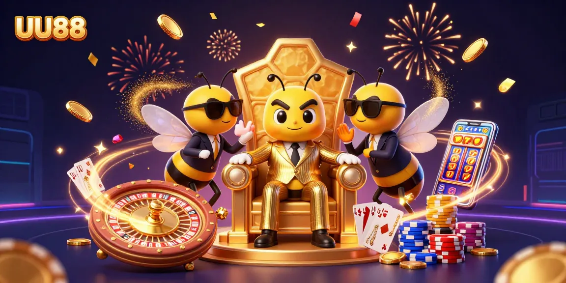 UU88 attracts players in a vibrant casino scene with dynamic characters and sparkling game elements.