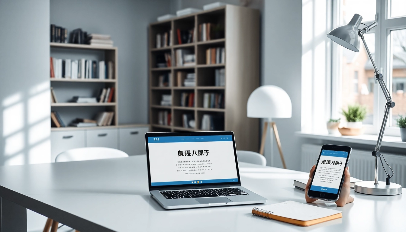 Modern workspace featuring 有道 translation app on devices.