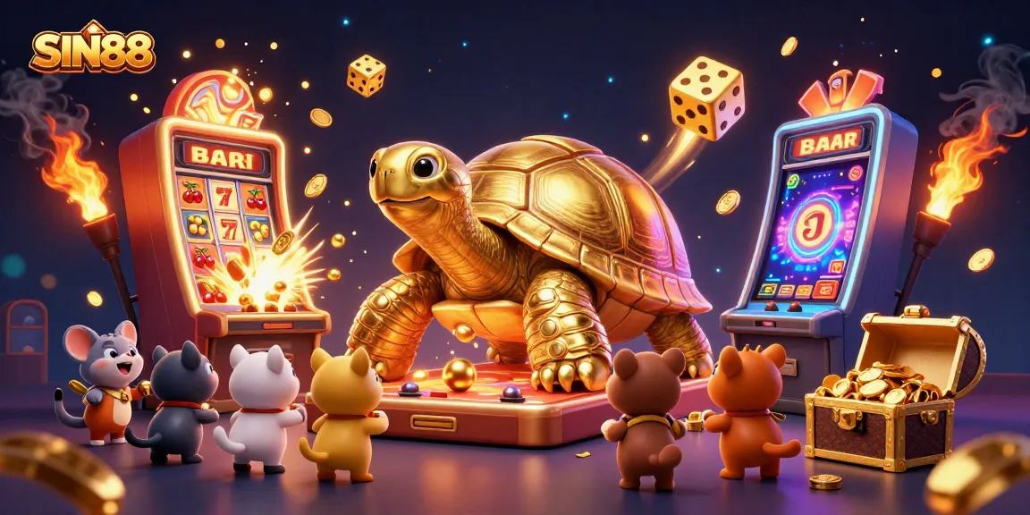 SIN88 showcases an exciting casino theme with a golden tortoise pinball machine and slot machine jackpots.
