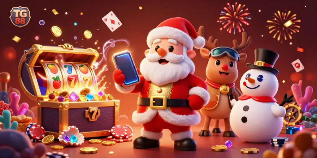 Experience winning moments at TG 88 as Santa and friends celebrate jackpots in a vibrant casino scene.