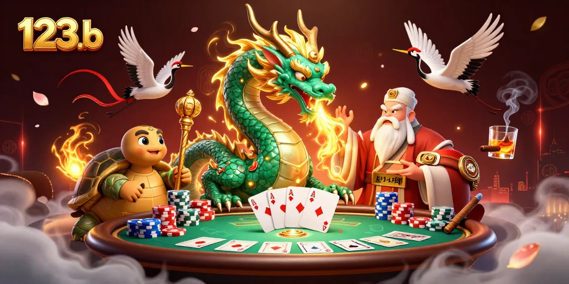 Experience thrilling poker action with 123b's fantastical casino scene blending dragon, turtle sage, and lucky cranes.