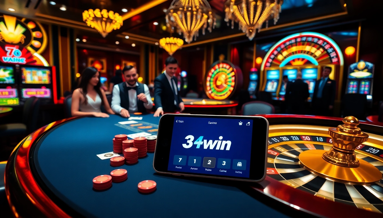 Engaging players at a poker table using the 3win app while enjoying the casino atmosphere.