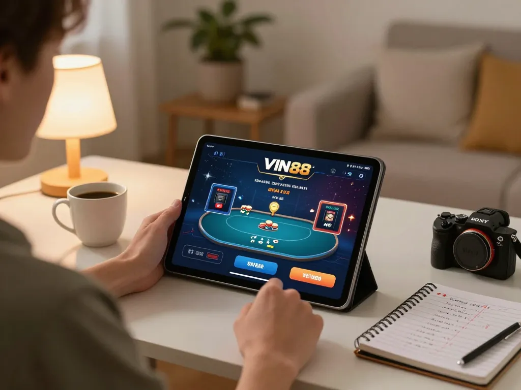 Experience VIN88 poker gameplay on a tablet in a cozy home atmosphere