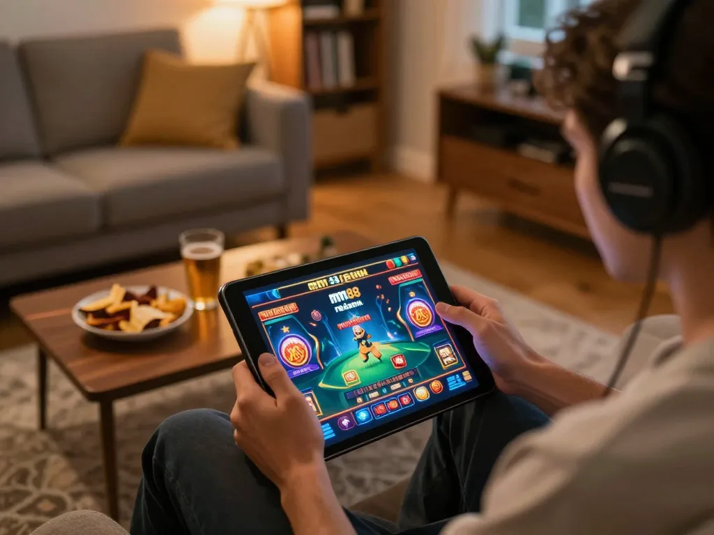 Engaging in exciting online gaming at mm88 reisen on a tablet in a cozy living room.