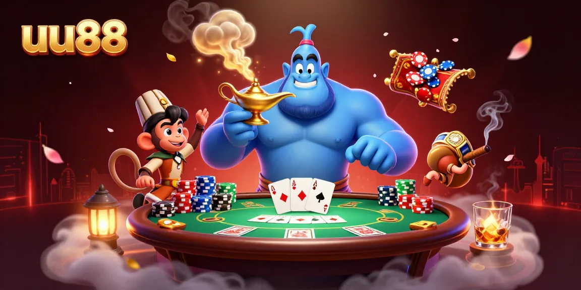 Experience the thrill of uu88 with a dynamic casino scene featuring a genie, poker chips, and rich details.