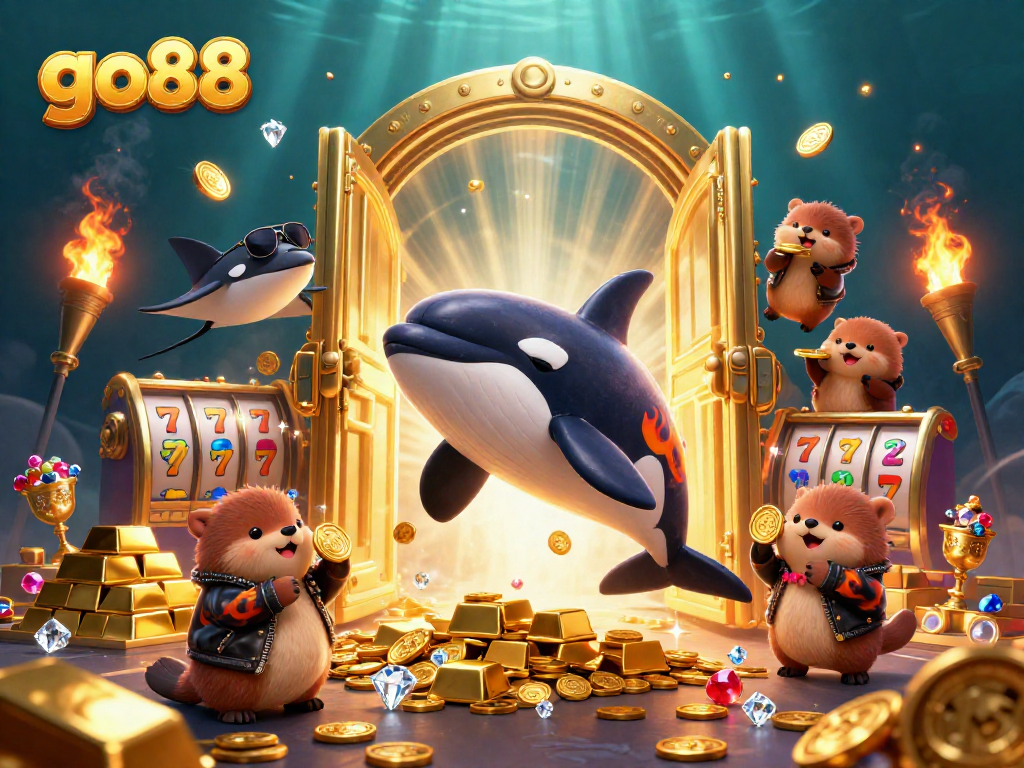 Engage in thrilling games with go88 illustrated in a vibrant undersea scene featuring casino elements.