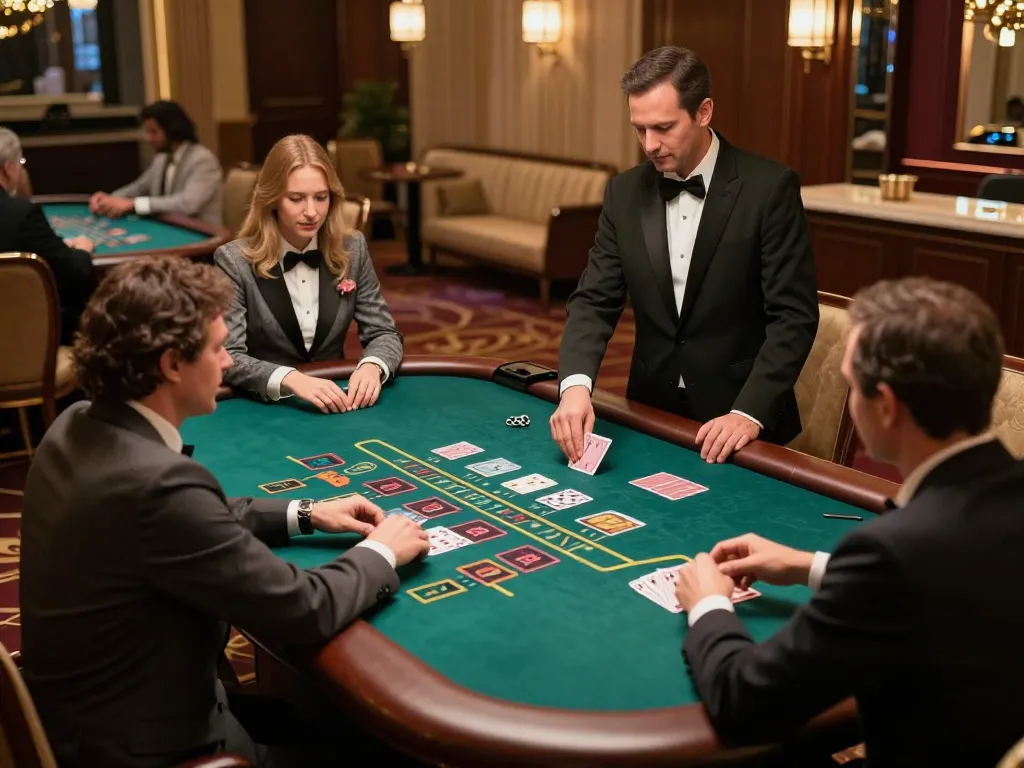 Bom88 Casino's high-roller baccarat table with upscale players engaging in thrilling gameplay.