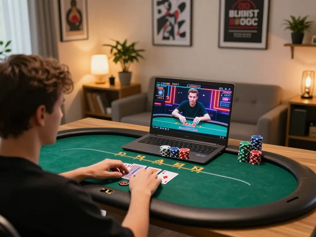 Player engaging in online poker at home, showcasing dynamic gameplay on the laptop with o8 interface