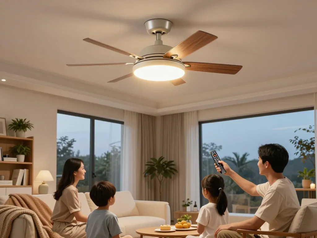 LED lamp met ventilator die een gezellige woonkamer van een gezin verlicht met verstelbare plafondventilatorinstellingen.