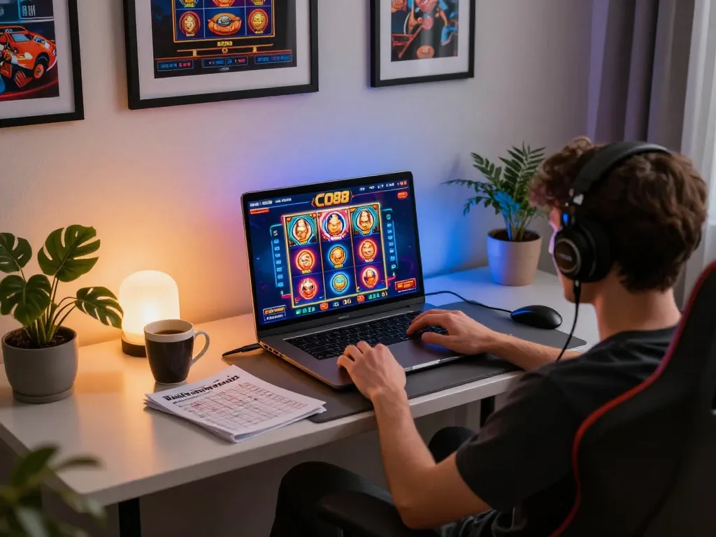 Player enjoying CO88 online slot games at home with effective bankroll management.