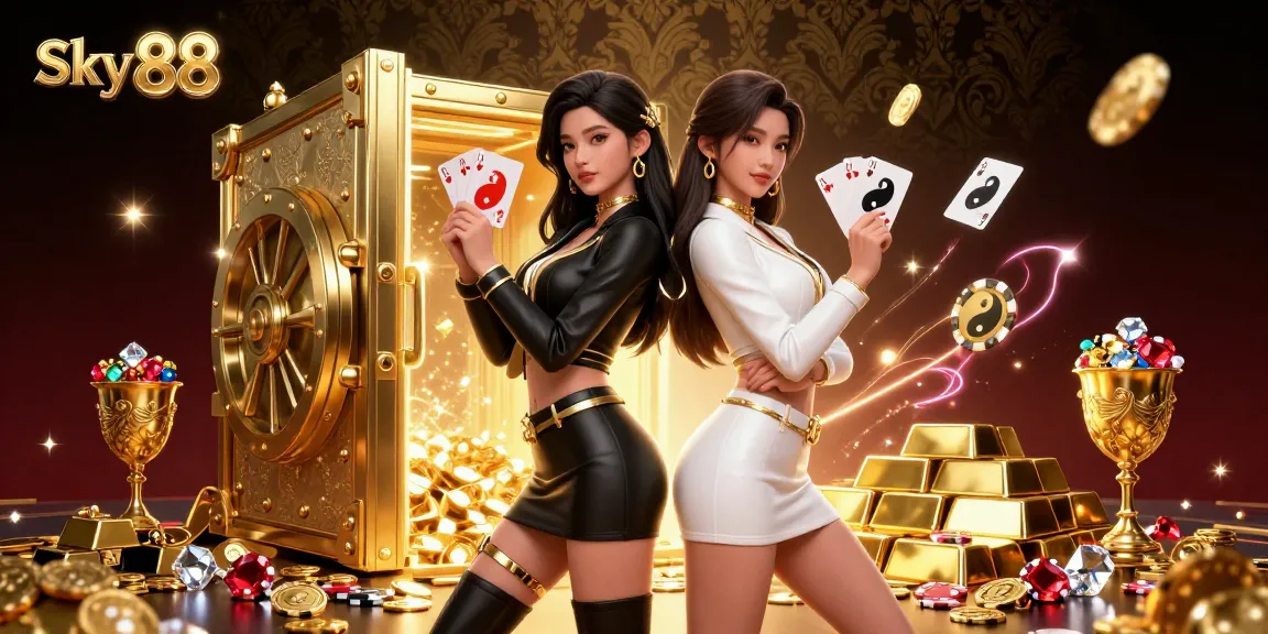 Experience the thrill of Sky 88 with stunning duo holding playing cards amidst a wealth of casino treasures.