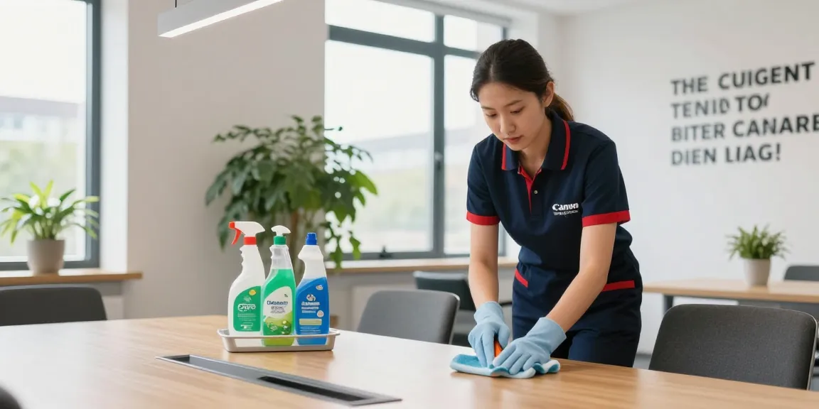 Cleaning professional at a modern office in Den Haag, showcasing efficient services from a reputable schoonmaakbedrijf den haag.