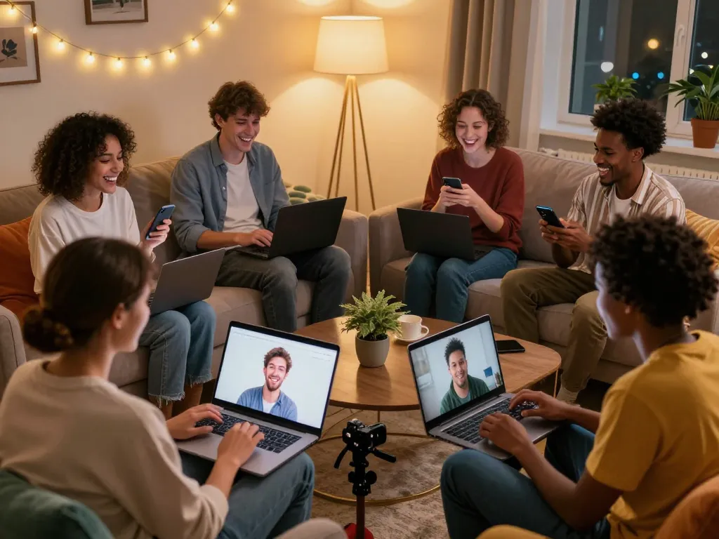 Engaging sex chat scene showcasing diverse individuals in a cozy virtual environment, highlighting playful avatars and animated conversations.