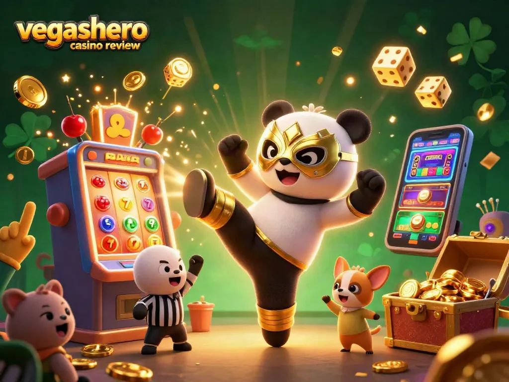 Engage in the excitement of the vegashero casino review with a cartoon panda and thrilling game elements.