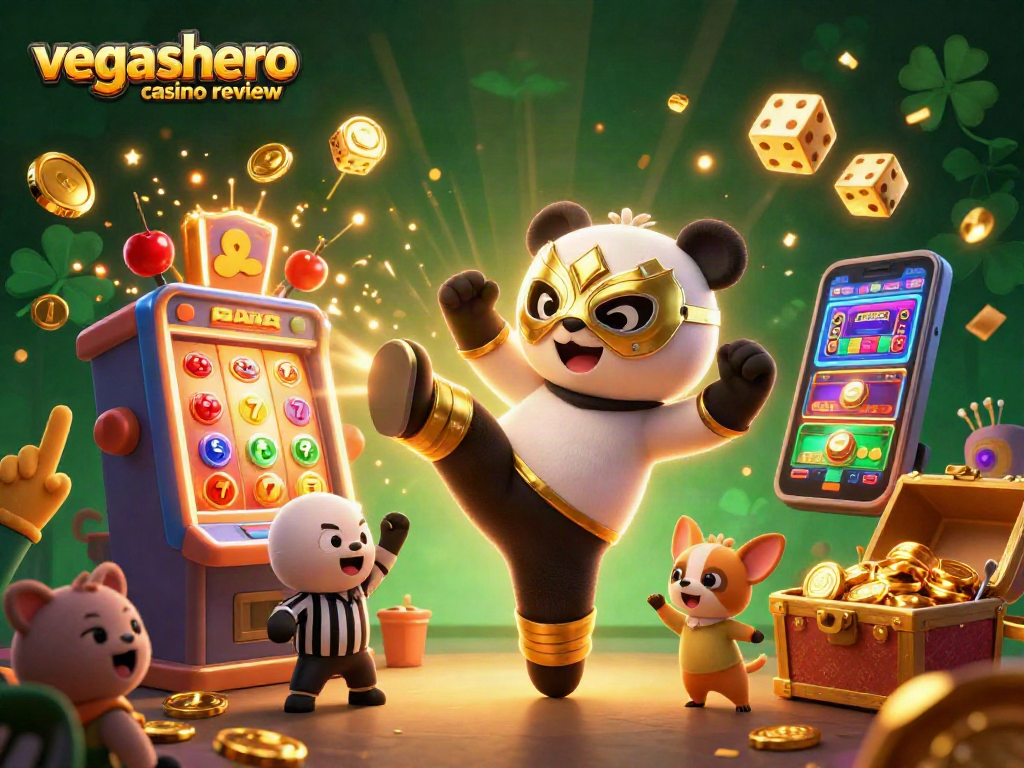 Engage in the excitement of the vegashero casino review with a cartoon panda and thrilling game elements.