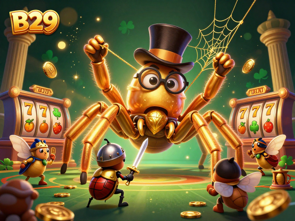 B29 enhances gaming fun with a golden tarantula and knight amid dynamic slots and coins.