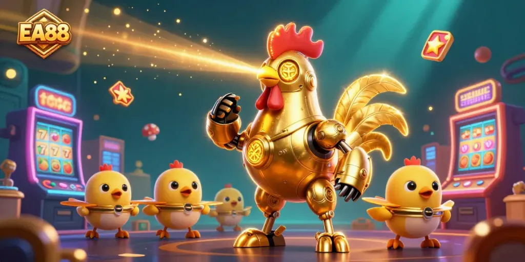 Engage with EA88's captivating slot games featuring a golden rooster robot and playful drones amidst vibrant casino elements.