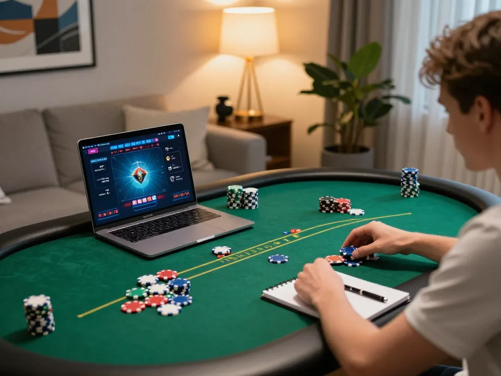 Player enjoying a poker game at home, utilizing vswin for strategic bankroll management and gameplay.