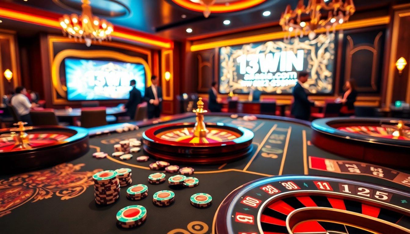 Experience luxury gambling with 13win-asia.com as players engage at vibrant casino tables and roulette wheels.